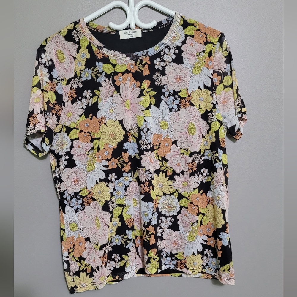 Kim & Cami Floral Print Women's Top With Mesh Overlay Y2K Inspired XL EUC